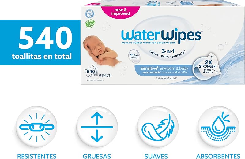 Waterwipes - lenços umedecidos originais sem plástico, contagem de 540 (9 pacotes), formulados com 99,9% de água e sem perfume, ideais para peles sensíveis