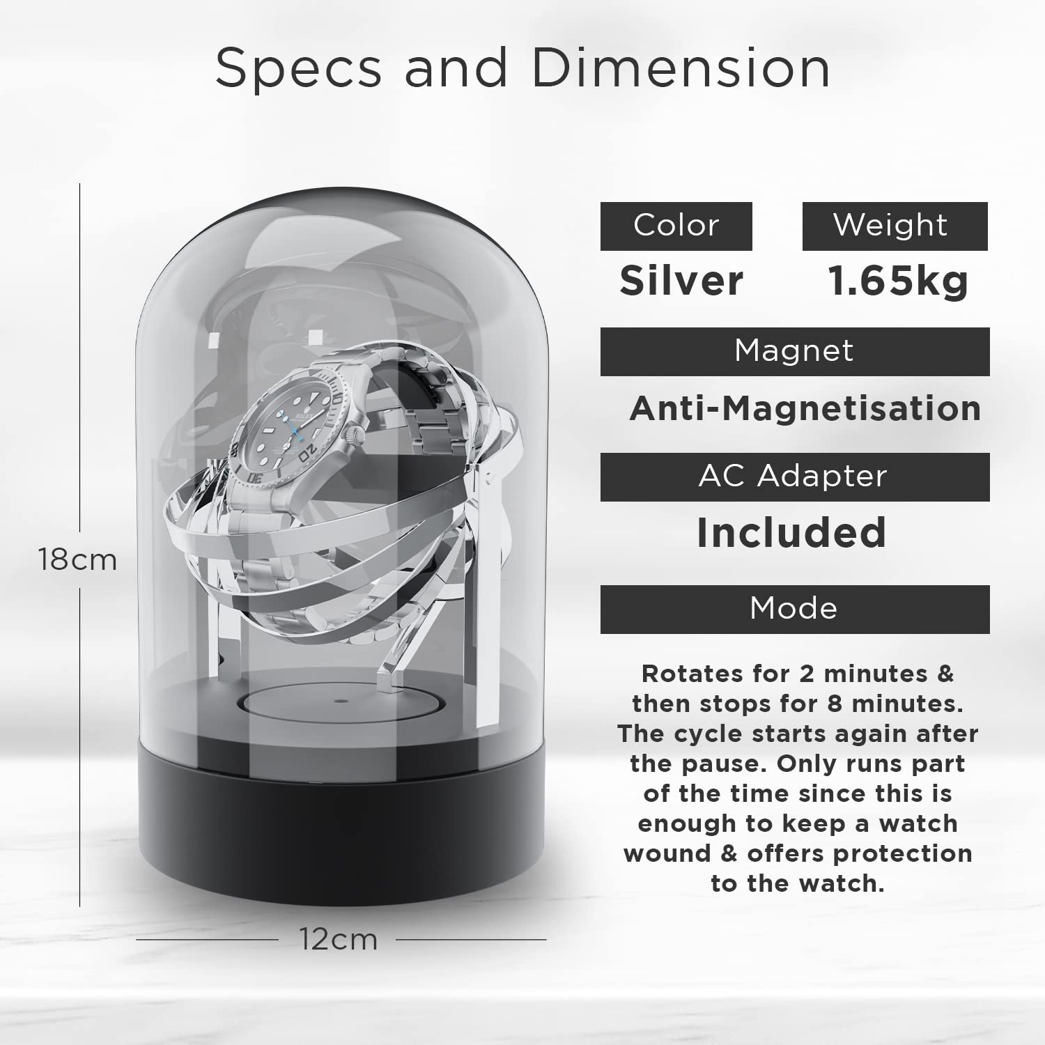 Aestoria Automatic Single Orbit Watch Winder for Rolex & Luxury Watches – Silent Anti-Magnetic Motor with Orbiting Gyroscope Design & Anti-Wind Technology