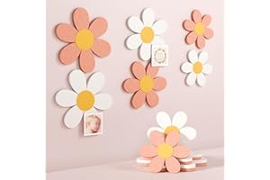 Fluxynara 6 PCS Daisy Felt Flower Wall Decor, Daisy Bulletin Board for Nursery & Girl Room, 3-Size Acoustic Felt Wall Art for Bedroom, Baby’s Room, Kids’ Spaces, Pink/White