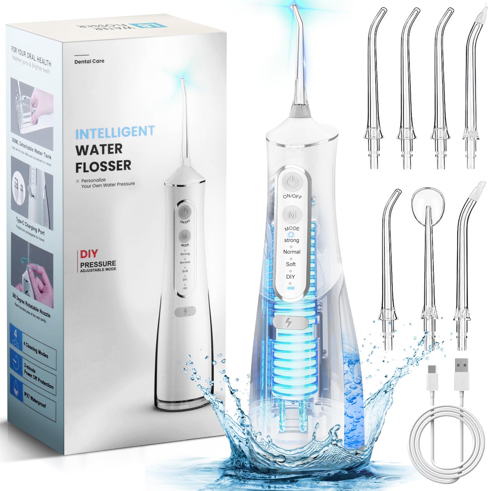 Water Flosser for Teeth Portable Cordless Oral Irrigator 5 Modes Rechargeable Electric Water Flossers Cleaner 300ML IPX7 Waterproof & 8 Jet Tips Dental Tooth Flossed Care Tool Kits Home Use Travel