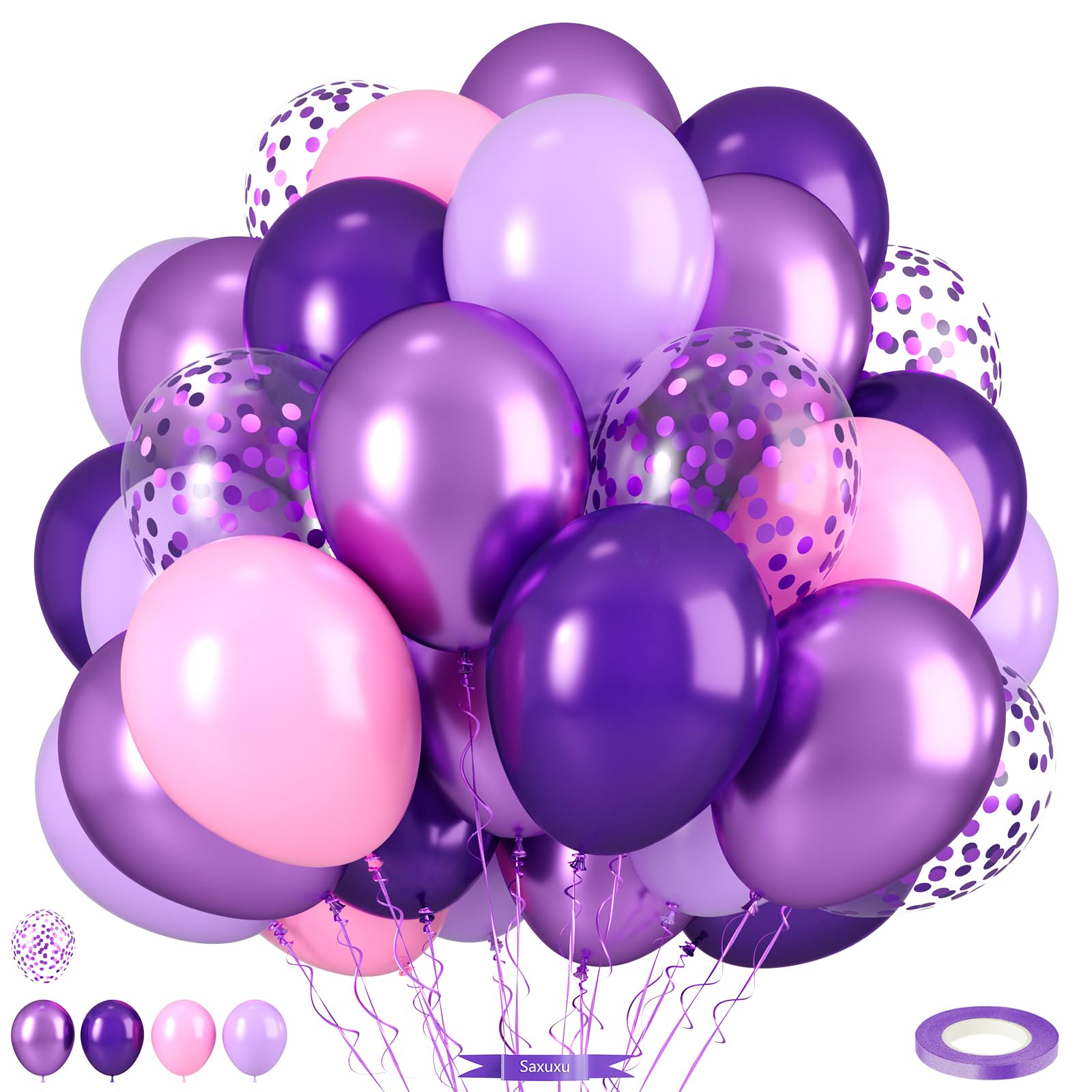 Pink and Purple Balloons, Pink Lavender Dark Purple Metallic Confetti Latex Balloons for Girls Women Birthday Party Baby Shower Bridal Shower Wedding Decorations