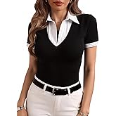 winkbay Women's Summer Collared Work T Shirts Elegant Striped Short Sleeve Business Casual Tops