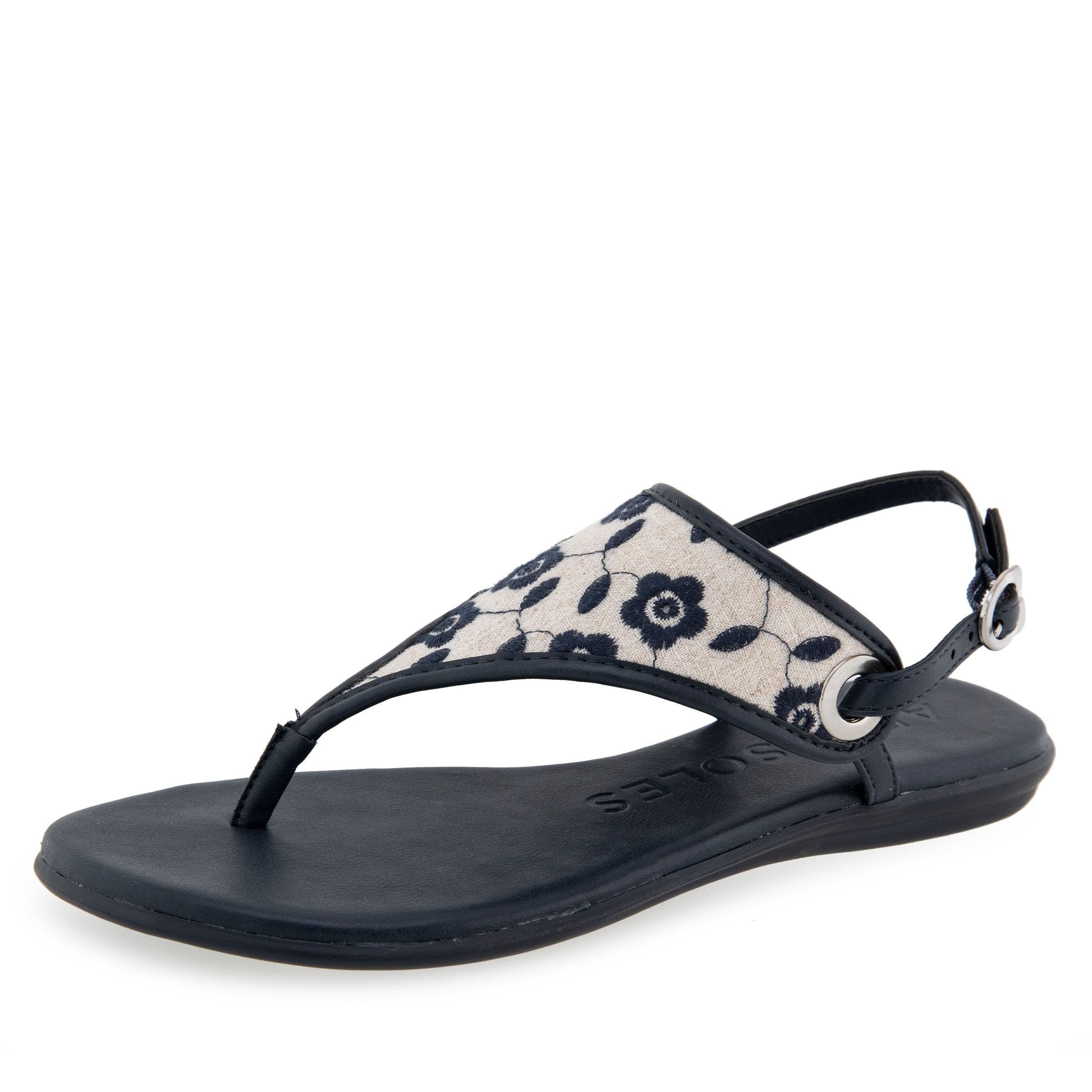 Aerosoles Women’s Conclusion Flat Sandal, Natural/Navy Floral Embroidered Linen, 6.5M