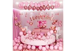 Bonropin Valentines Day Balloons Kit with Rose Gold Pink Heart Balloons Rose Petals I Love You Balloons for Anniversary Mothers Day Wedding Romantic Decorations Special Night