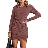 AUXDIO Women Bodycon Long Sleeve Dresses Casual Ruched Wrap 2026 Spring Fall Party Club Mini Dress