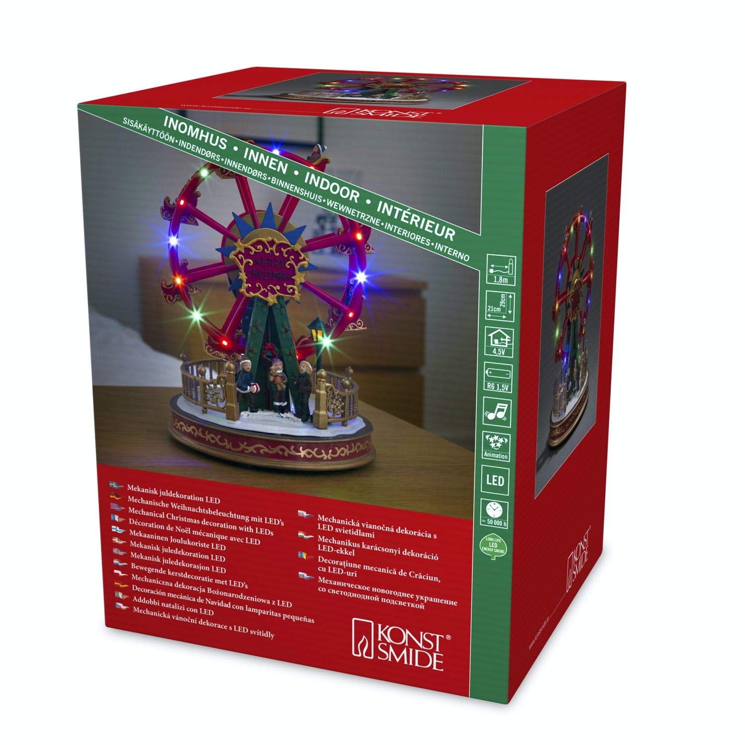 Konstsmide Christmas Lights Christmas Ferris Wheel LED Christmas Scene/Seventeen Colourful LEDs/Transformer or Battery Operation/Optional Eight Song Music Function / 21cm Wide 29cm High