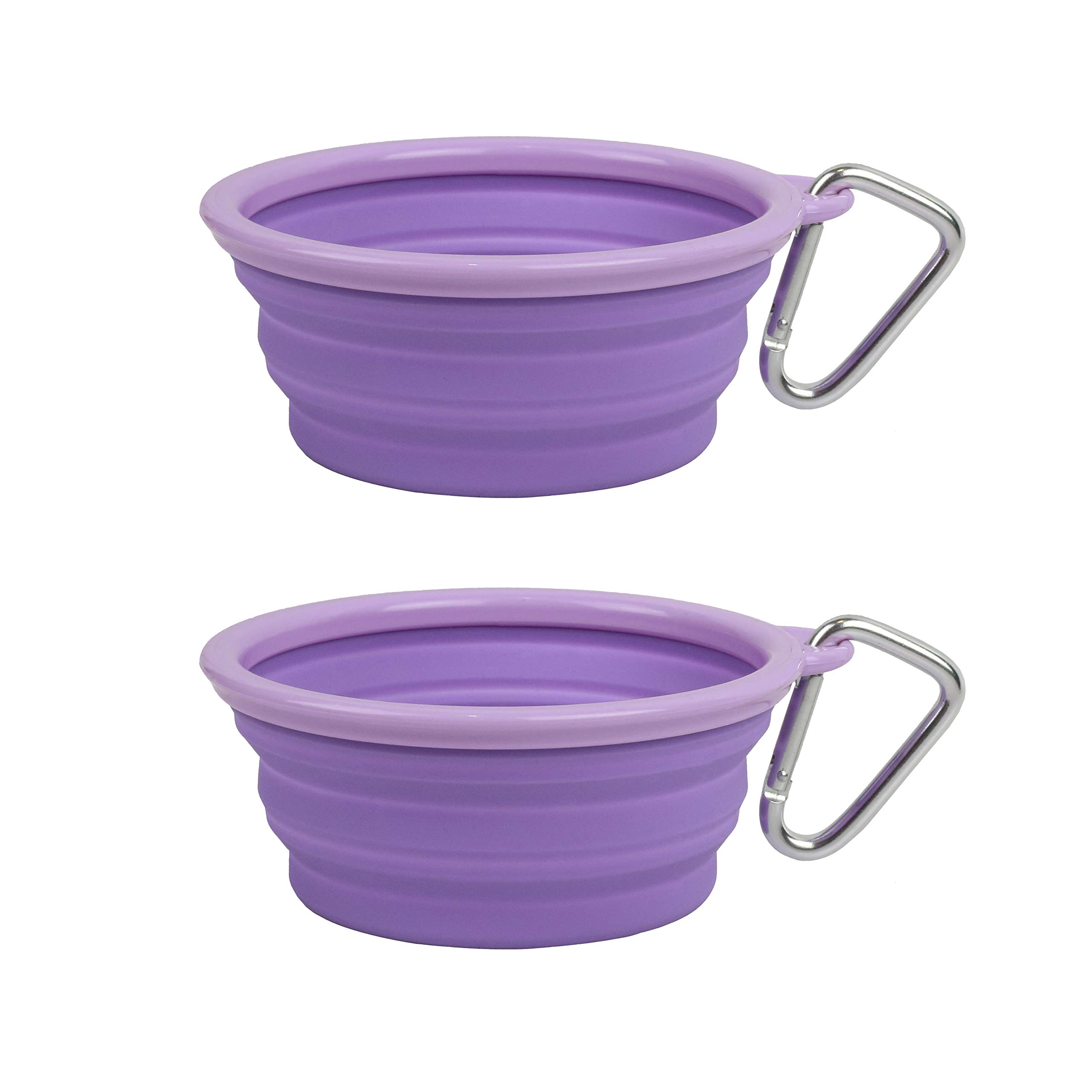 Prima Pets Collapsible Silicone Water Travel Bowl with Clip for Dog and Cat, Portable and Durable Pop-up Feeder for Convenient On-The-go Feeding – Size: Small (1.5 Cups) Purple – 2 Pack