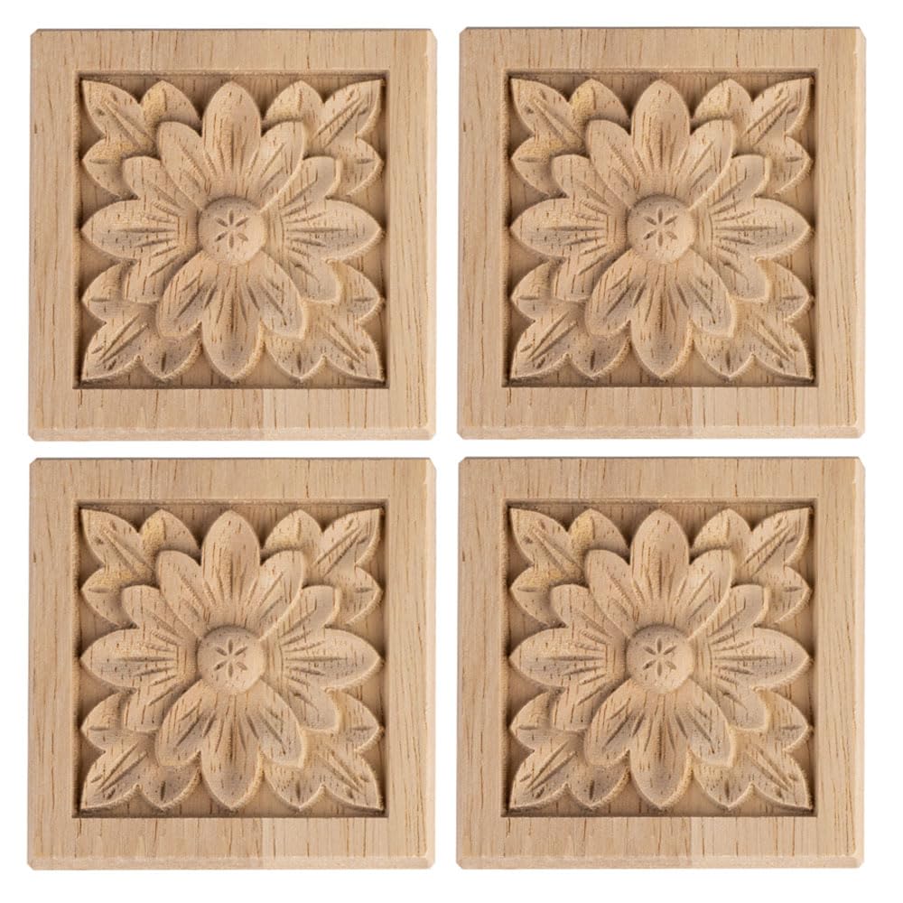 Aiminjey 10 Pcs Decorative Wood Flower Carved Appliques Onlays, 6 x 6cm Unpainted Solid Wood Square Carving Decal for Furniture Cabinet Closet Decoration (2.4inch-10pcs)