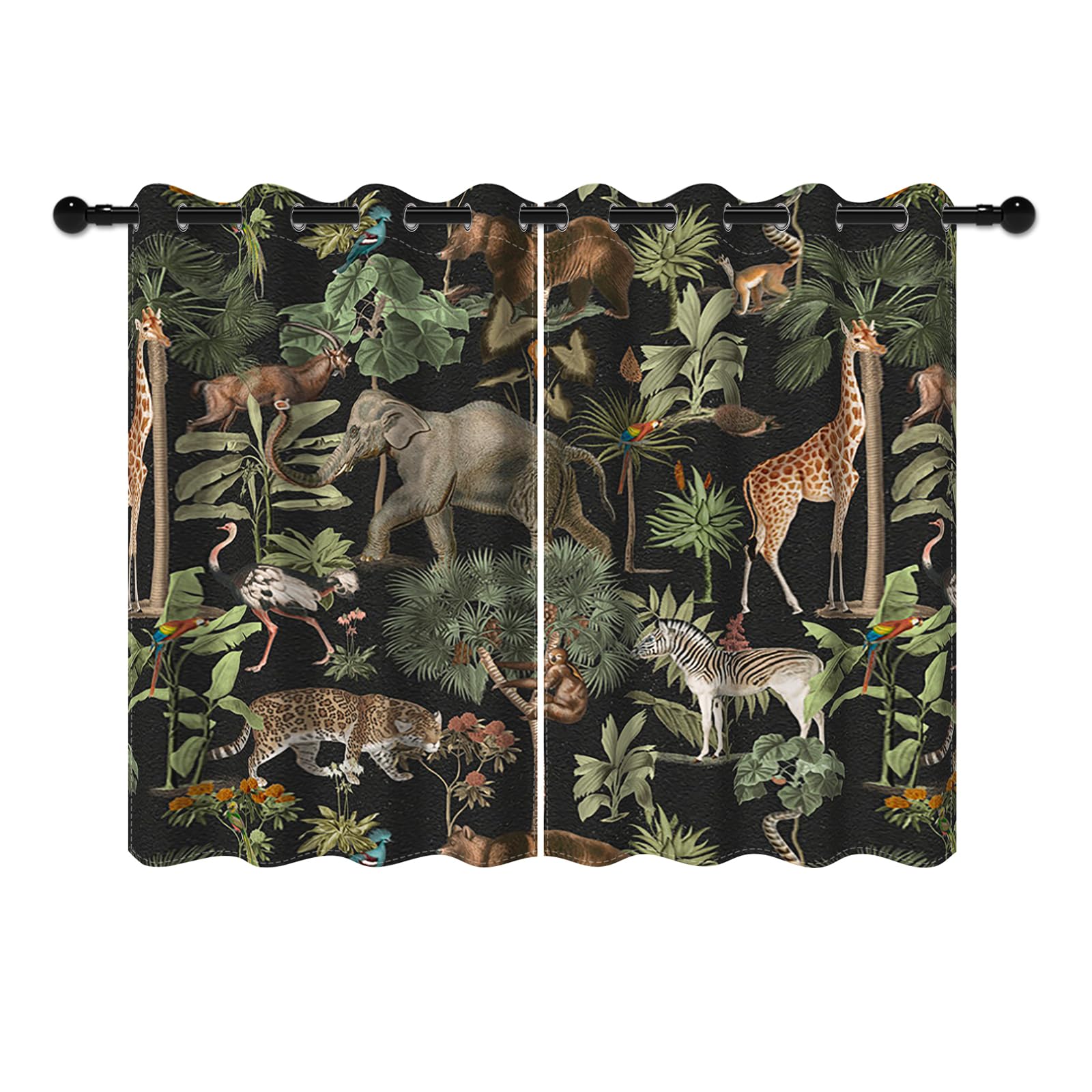 YONGFOTO 117x183cm Jungle Curtains for Kids Bedroom, Safari Animal World Wildlife Elephant Giraffe Green Forest Blackout Window Drapes with Eyelet for Living Room, 2 Panels