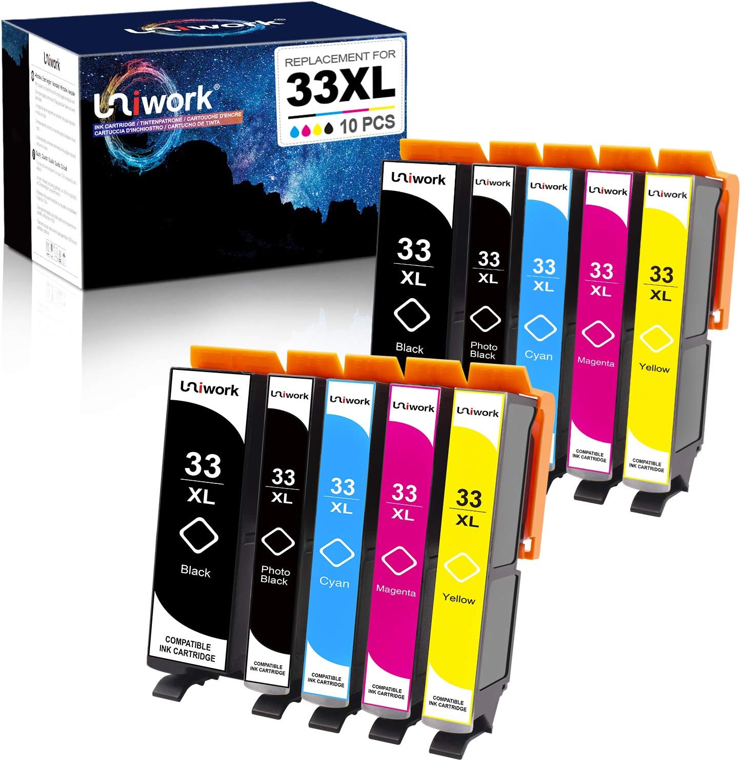 Uniwork 33XL Compatible Ink Cartridges Replacement for Epson 33 33XL for Epson Expression Premium XP-530 XP-540 XP-630 XP-635 XP-645 XP-640 XP-830 XP-900 XP-7100 (10 Pack)