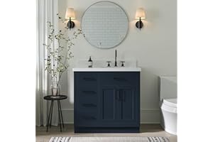 ARIEL Bathroom Vanity 37" Midnight Blue, 1.5" Edge Pure White Quartz Countertop & Splash, Rectangular Sink, 2 Soft Closing Doors, 5 Full Extension Dovetail Drawers, Toe Kick, Matte Black