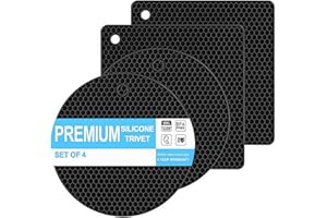 COOMIN Silicone Trivets for Hot Dishes - 4 Heat Resistant Mats for Countertops, Multipurpose Non-Slip Hot Pads for Kitchen Potholders, Jar Opener, Spoon Holde, Food Grade Silicone（Black）