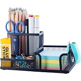 M&amp;G Mesh Pen Holder Desk Organizers Pencil Holder for Desk Black, 3 Compartments Metal Office Supply Organizer with Sticky Notes Holder for School Home Office