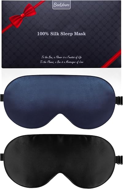 BeeVines Silk Sleep Mask 2 Pack 100% Mulberry Silk Adjustable Strap Black & Blue