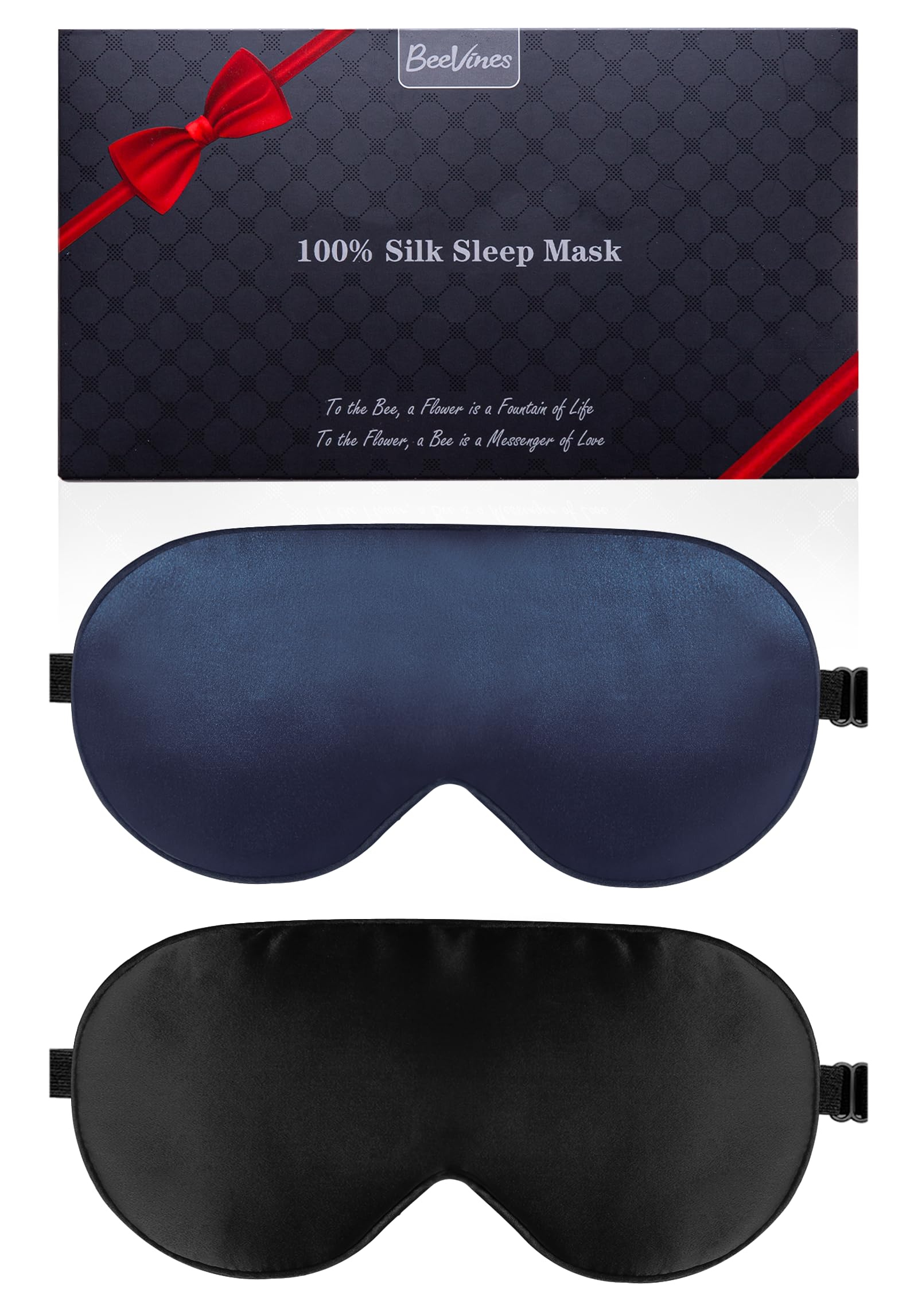 Silk Sleep Mask, 2 Pack 100% Real Natural Silk Eye Mask with Adjustable Strap, Eye Sleeping Mask, BeeVines Eye Sleep Shade Cover for Summer Travel Yoga Nap Reduces Puffy Eyes (Black & Blue)