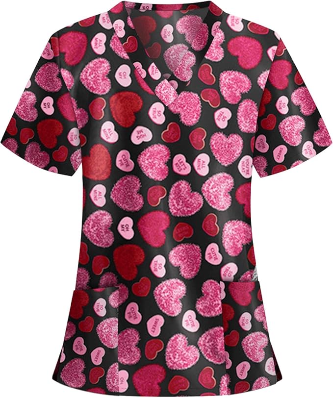 Women_Scrub_Top Short Sleeve Vneck Tops Working Uniform Valentine's