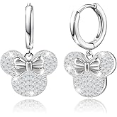 Mouse Stud Sterling Silver plated White Gold Mouse Bow Earrings Cute Dangle Hoop Earrings Cubic Zirconia Bow Knot Dangling Earring Cartilage Animal Jewelry for Women Daughter Sister Birthday Party