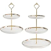 Tosnail Set of 2 Porcelain Cupcake Stand Ceramic Dessert Stand Tiered Serving Trays with Gold Rod, 3 Tiers and 2 Tiers Cake S
