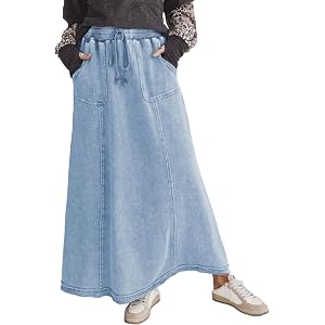 CUBRIDGE Acid Wash Maxi Skirts Cotton High Waist Drawstring Skirt Casual Flowy A Line Skirts Urban Commute Long Skirts