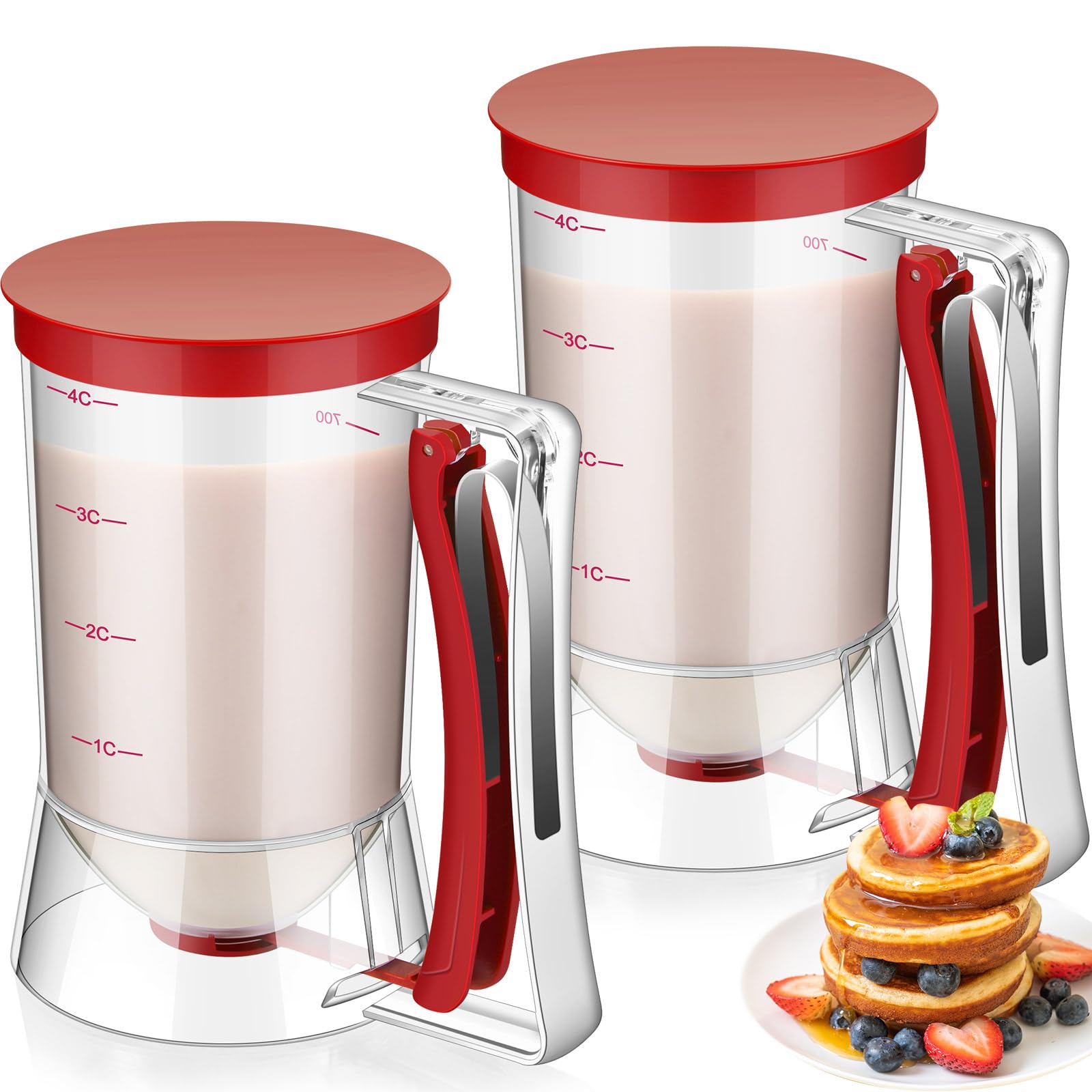 Photo 1 of FillTouch 2 Pcs Cupcake Batter Dispenser Pancake Mix Dispenser 4 Cups with Squeeze Handle Tools for Pancake, Cupcake, Cookie, Cake, Waffles, Ice Cream Baking Gifts for Kitchen Housewarming (Red)