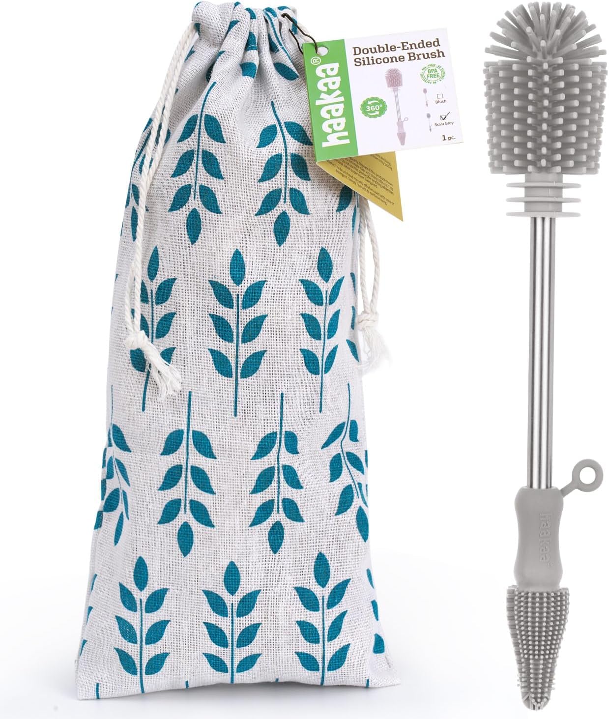 haakaa Cleaning Brush Baby Bottle Brush Cleaner Double-Ended Soft Bristles for Scrubbing Breast Pumps,Breast Milk Collectors,Baby Bottles,Teats,milk Storage Bags and Any General Kitchen Item,SUVA Grey