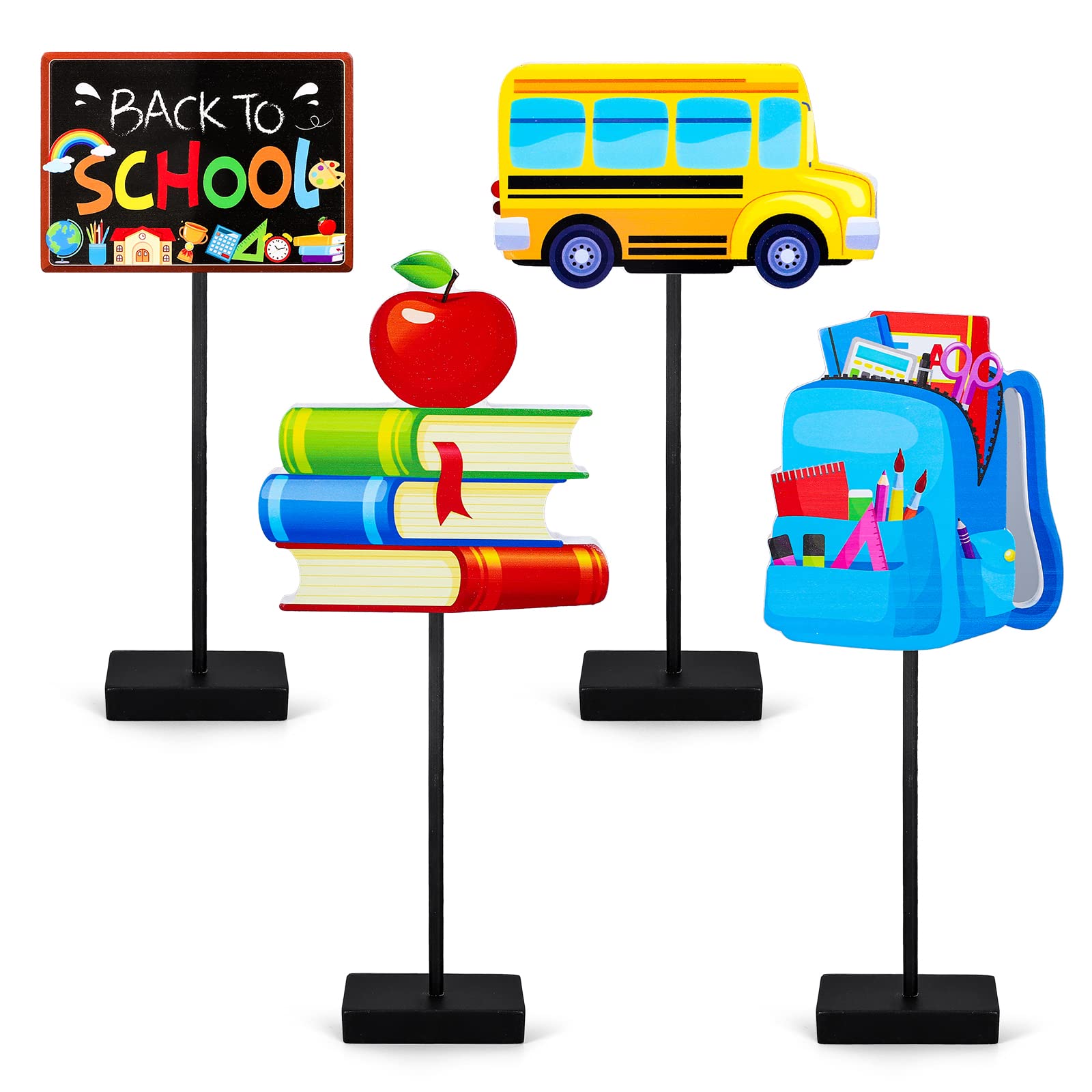 Photo 1 of Whaline Back to School Wooden Table Decor School Bus Books Bag Blackboard Tall Standing Wooden Table Centerpieces School Wooden Table Topper Sign for First Day of School Classroom Table Decor, 4Pcs