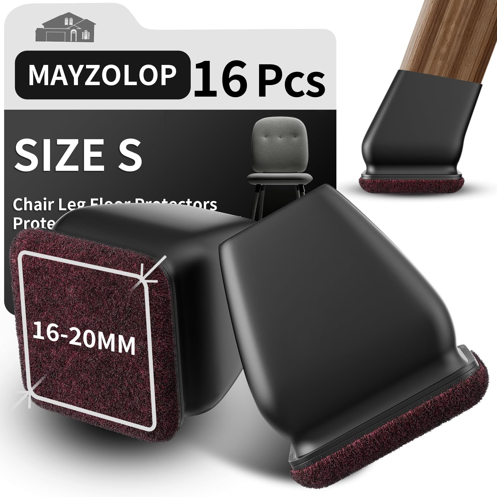 MAYZOLOP 16PCS Silicone Chair Leg Floor Protectors, Black Caps for Tilt Legs, Hardwood Protectors With Felt Pads Sliders, No Scratches No Noise (FIT:15-19mm)