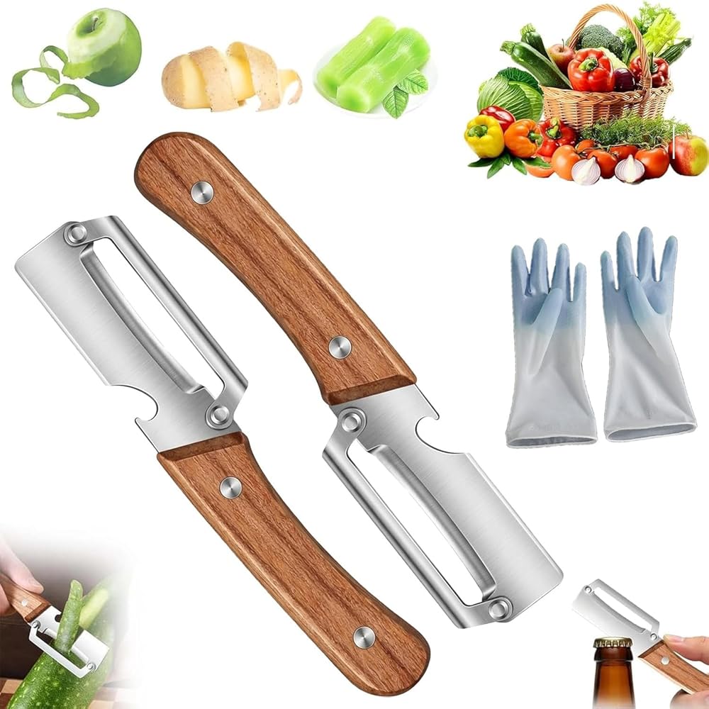 2 Pack Multifunctional Vegetable Peeler, Stainless Steel Blade Peeler with Wooden Handle, Built-in Bottle Opener, Non‑Slip Fr