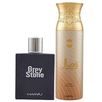 Maryaj Grey Stone Eau De Parfum Aromatic Woody Perfume 100ml for Me and Ajmal Wisal Deodorant Floral Musky Fragrance 200ml for Women + 2 Parfum Testers FREE