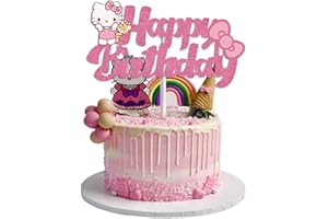 WINAWING Cute Birthday Cake Decorations, Happy Birthday Cake Topper Glitter, Cartoon Theme Party Cake Decorations Supplies (Pink)