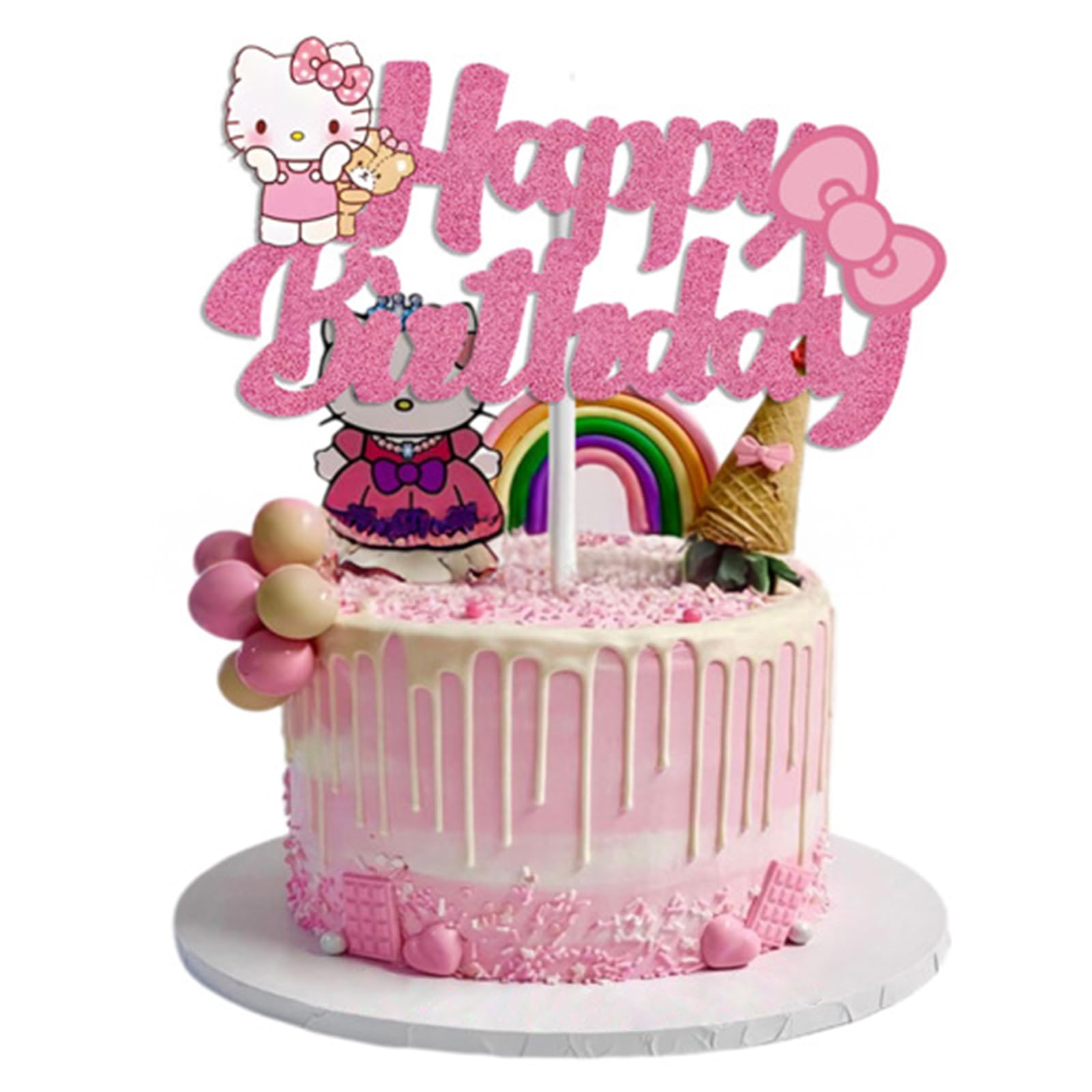 Photo 1 of Cute Birthday Cake Decorations, Happy Birthday Cake Topper Glitter, Cartoon Theme Party Cake Decorations Supplies (Pink)