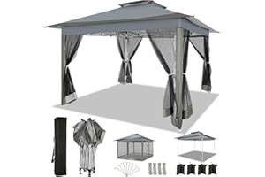 COBIZI 12x12 Pop up Gazebo on Clearance Outdoor pop up Canopy Tent with Mosquito Netting & Sandbags, with 4 Ropes 8 Stakes & Portable Carry Bag, Patio Gazebo for Garden &Lawn, Darkgrey(2025 Upgrade)
