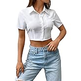 SHENHE Women's Short Sleeve Button Up Shirt Casual Collared Cropped Button Down Top