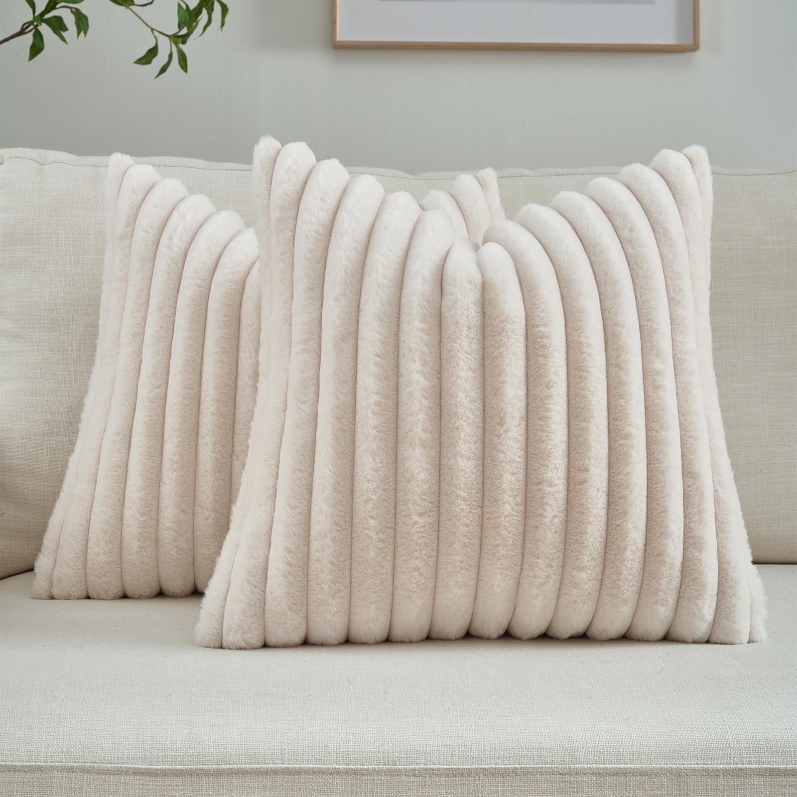 Photo 1 of FUTEI Beige Striped Decorative Throw Pillow Covers 20x20 Inch Set of 2,Square Fall Decorations Couch Pillow Case,Soft Cozy Faux Rabbit Fur & Velvet Back,Modern Home Decor for Bed
