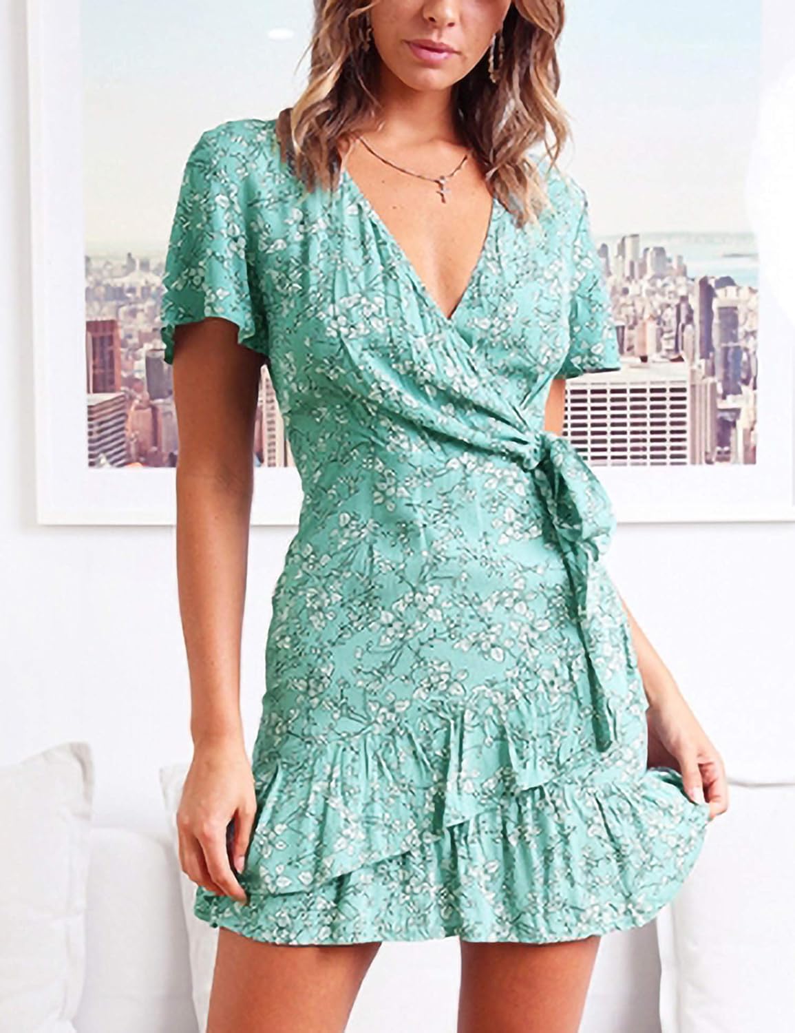 Relipop Summer Women Short Sleeve Print Dress V Neck Casual Short Dresses at  Women’s Clothing store