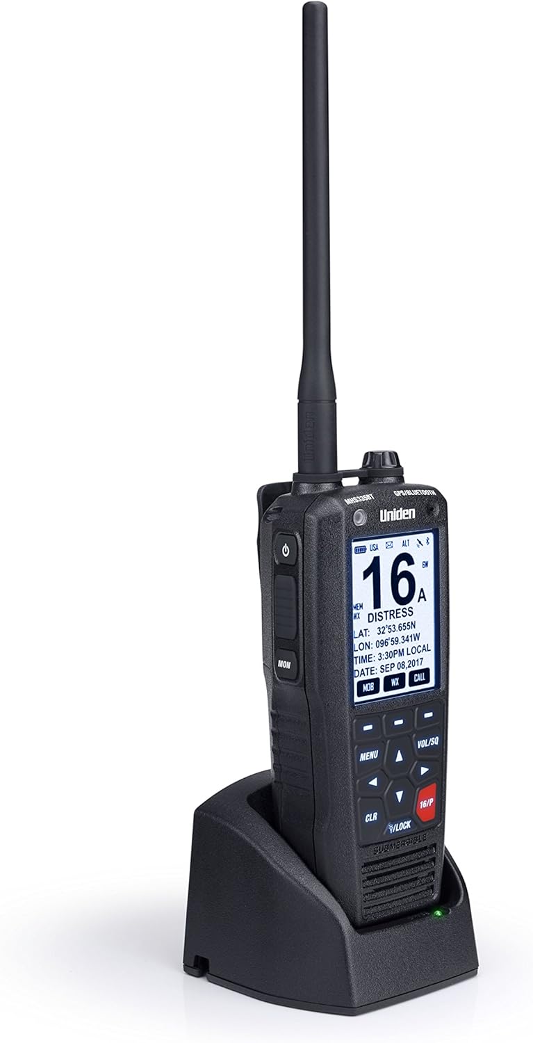 Uniden MHS75 Waterproof Handheld 2-Way VHF Marine radio, Submersible, Selectable 1/2.5/5 Watt Transmit Power. All USA/International and Canadian Marine Channels - Color Black: Home Audio & Theater