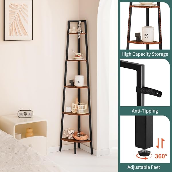 YOOBURE CORNER SHELF, 5-TIER CORNER BOOKSHELF WITH METAL FRAME & WOOD LADDER SHELVES – DISPLAY SHELF & TALL BOOKCASE, PLANT STAND FOR HOME DECOR – BEDROOM, LIVING ROOM, OFFICE