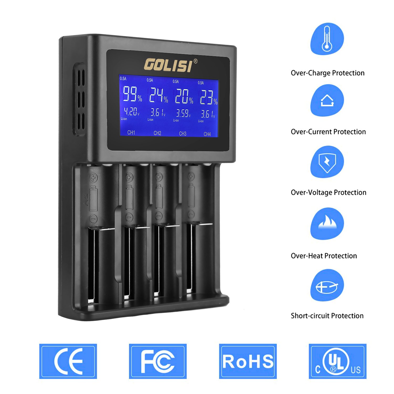 18650 / 26650 Battery Charger, Golisi Universal Charger with 4 Bay, 12V 2A Quick Charge, LCD Display, Good for Ni-MH Ni-Cd AA AAA Li-ion LiFePO4 IMR 10440 14500 16340 RCR123, Best 4 slot Charger for E-cig / Vape Batteries