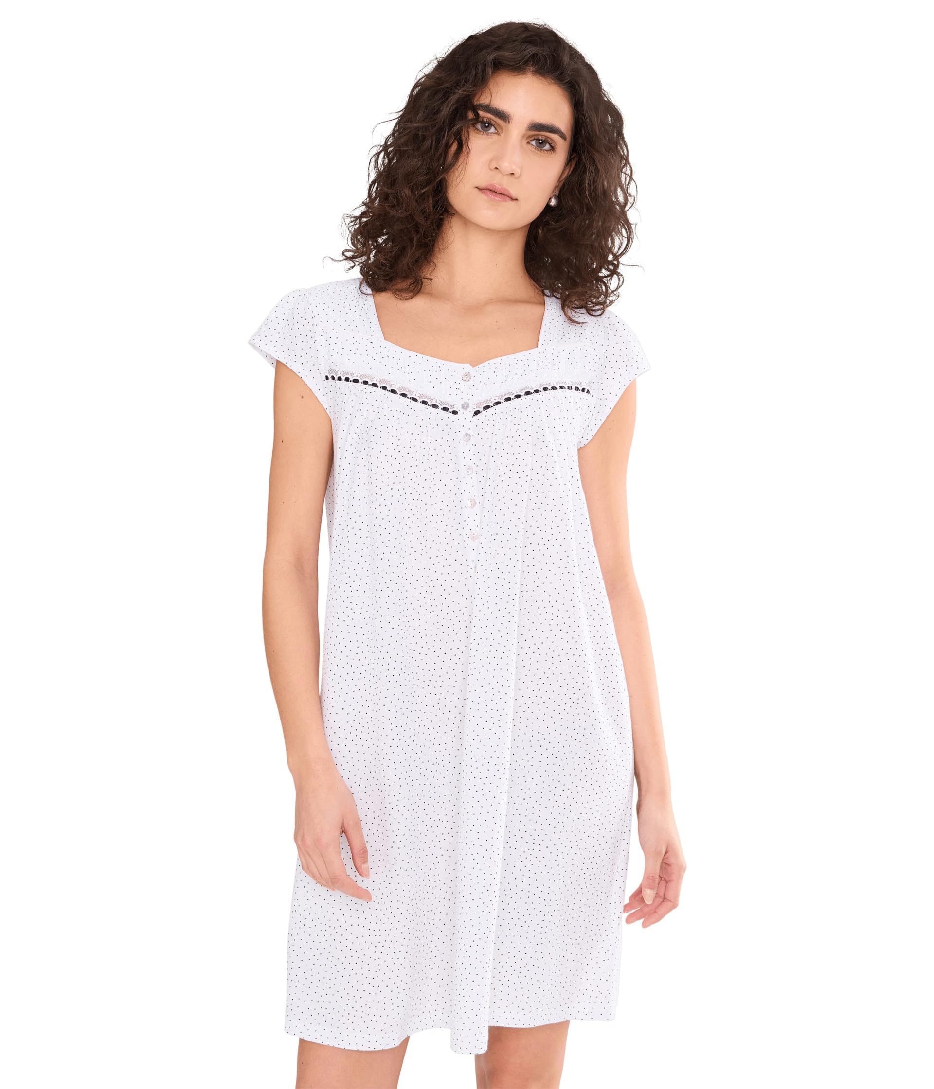 Eileen West Womens Cotton Knit Cap Sleeve Short Gown White Ground Black Dot X-Large