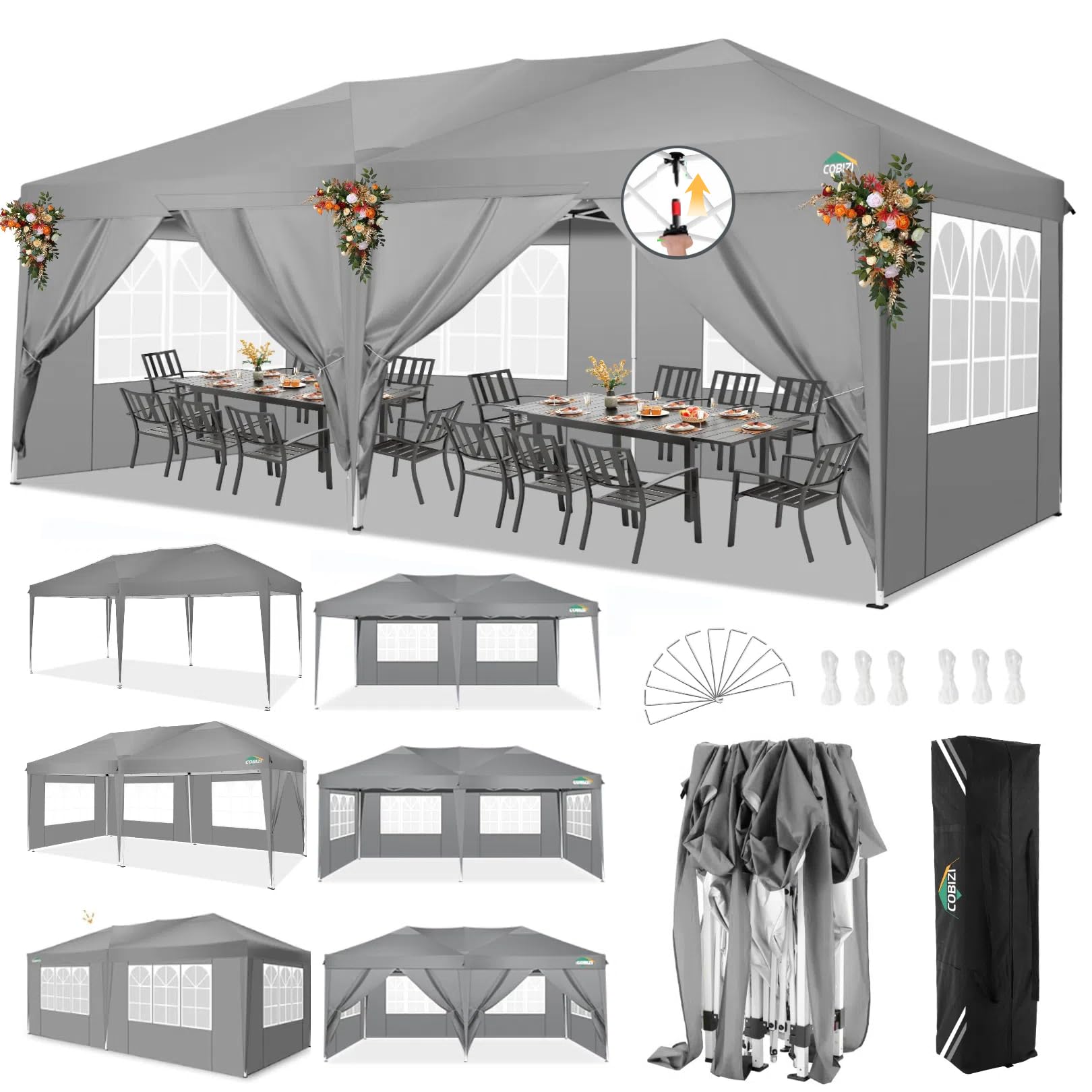 View 1 of ***PARTS ONLY DAMAGED NUMEROUS PLACES** COBIZI 10x20 Pop Up Canopy Tent with 6 Sidewalls Party Tents for Parties Weddings Backyard Waterproof Commercial Instant Outdoor Events Tent with Stakes, Ropes?10 x 20 ft Gray