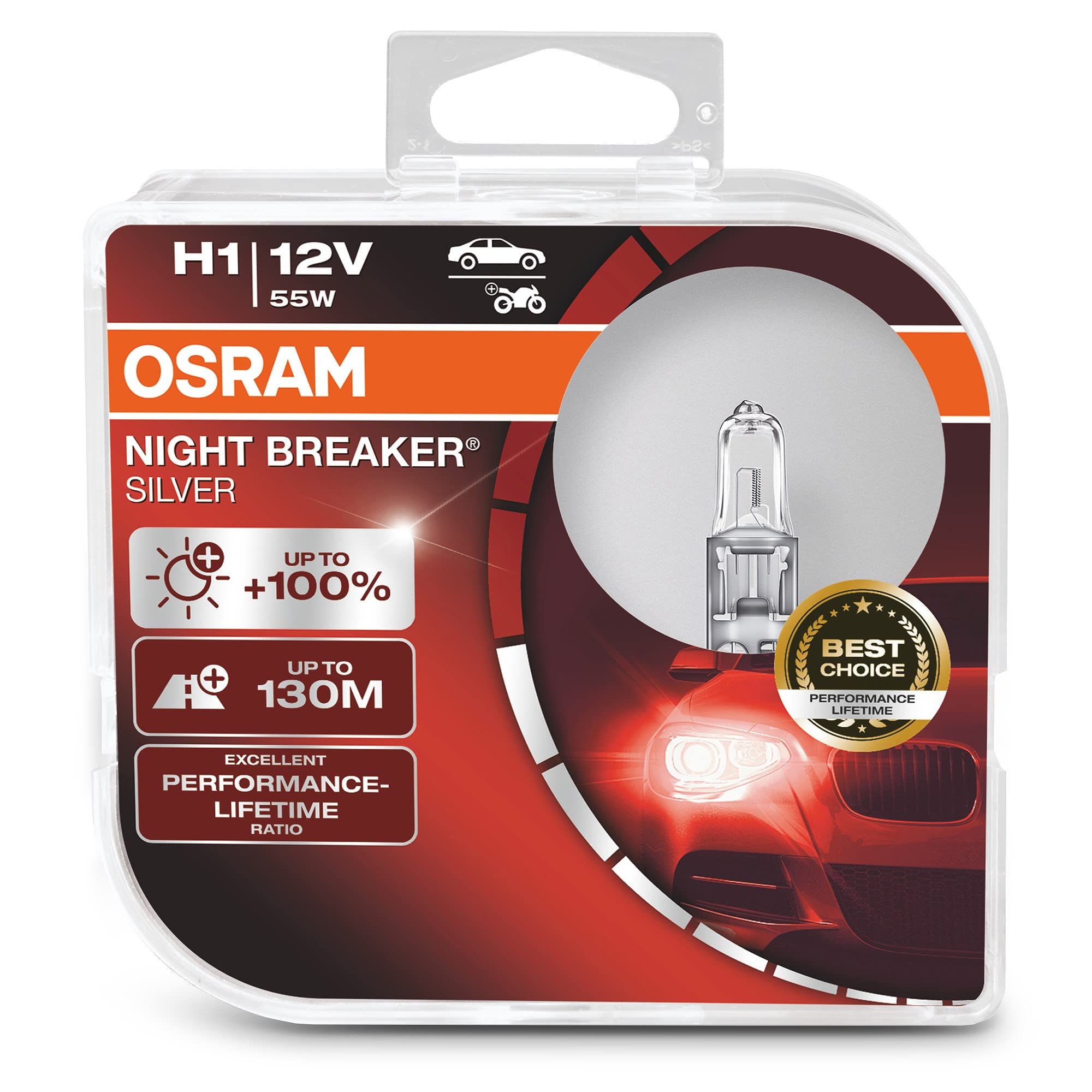 OSRAM NIGHT BREAKER SILVER H1, +100% more brightness, halogen headlamp, 64150NBS-HCB, 12V, passenger car, duo box (2 lamps)
