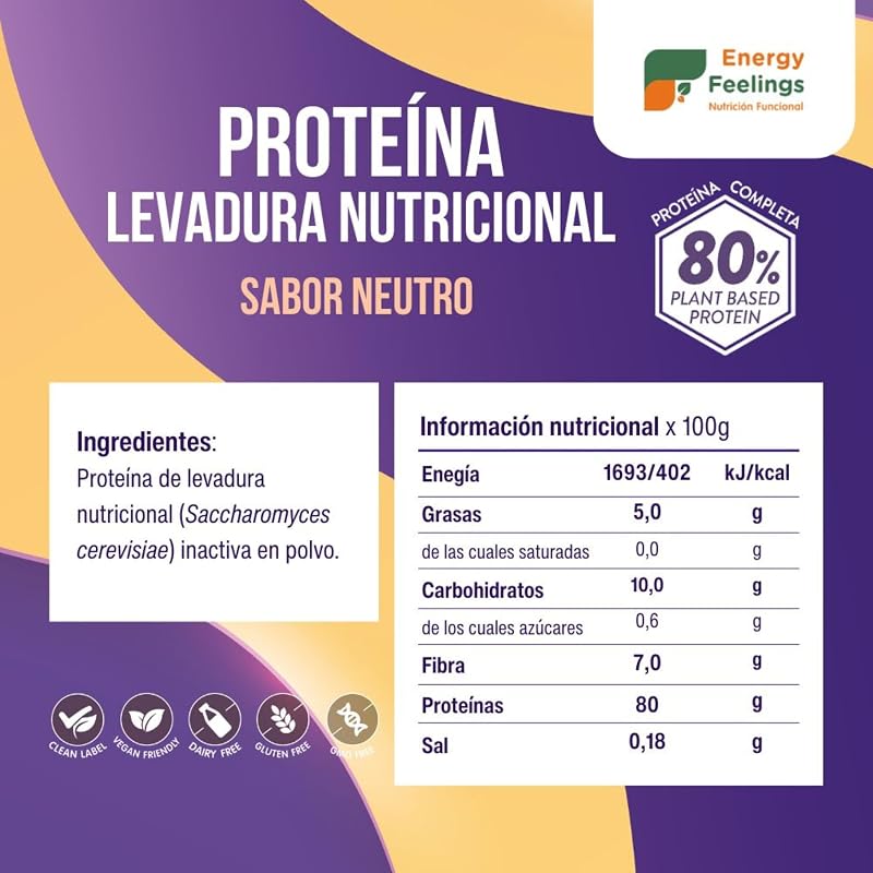 Proteína de Levadura Nutricional en Polvo Sin Sabor 500g, Proteína Vegana Sin Lactosa y Sin Gluten para Masa Muscular con Todos los Aminoácidos Esenciales, Vegan Protein Powder — foto 2 de 8