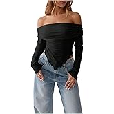RoseSeek Women's Off Shoulder Tops Long Sleeve Asymmetrical Ruched T Shirt Going Out Top