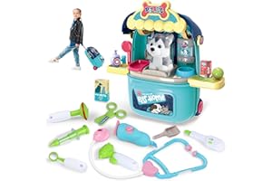MAGIC4U Pet Cat Care Carrier Suitcase Toy, 29PCS Vet Clinic and Doctor Kit for Kids, Pet Dog Grooming Feeding Toys Veterinarian Medical Pretend Role Play Set for Boys and Girls Ages 3-6