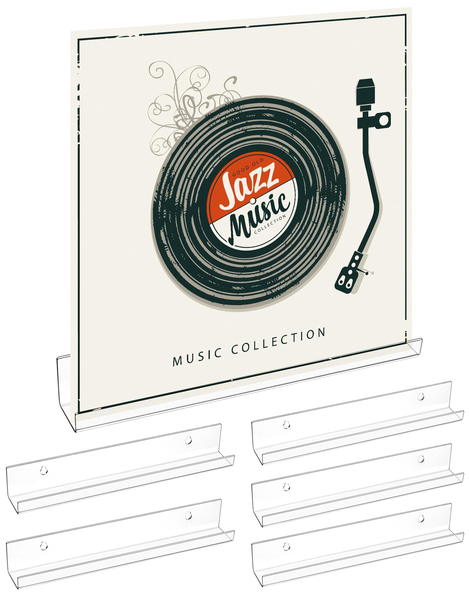 QWORK® 6 Pack Clear Vinyl Record Holder Shelf, Wall Mounted Acrylic Record Display Rack with Installation Hardware (12 Inch | 30cm)