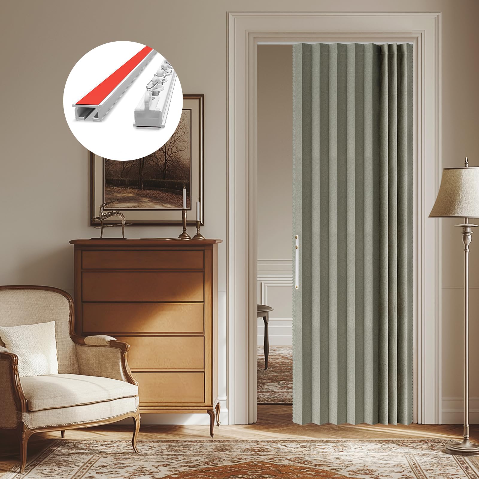 Photo 1 of AJAZZ 100% Blackout Magnetic Accordion Door Curtain - Invisible Folding Panel for Bedroom, Living Room, Doorway - Curtain Sets Includes Tracks (1 Panel, 43W x 79L, Grey)