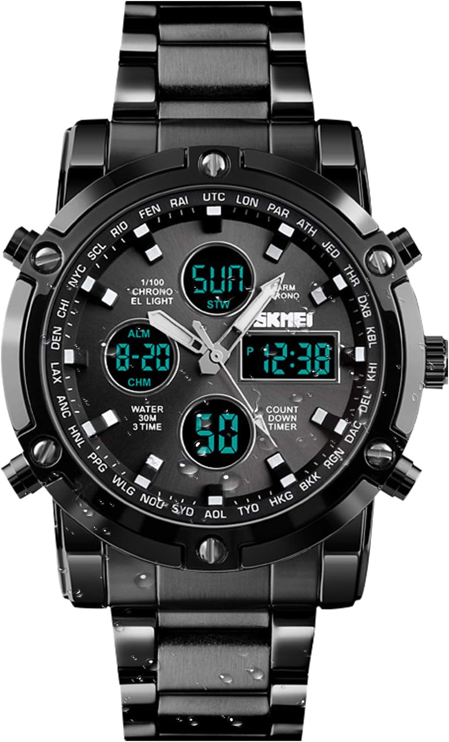BHGWR Mens Analogue Digital Watch - Men Military Sport Watch with Alarm/Dual Time/Countdown/Stopwatch, Big Face Daily Waterproof Stainless Steel Wrist Watch for Man Silver