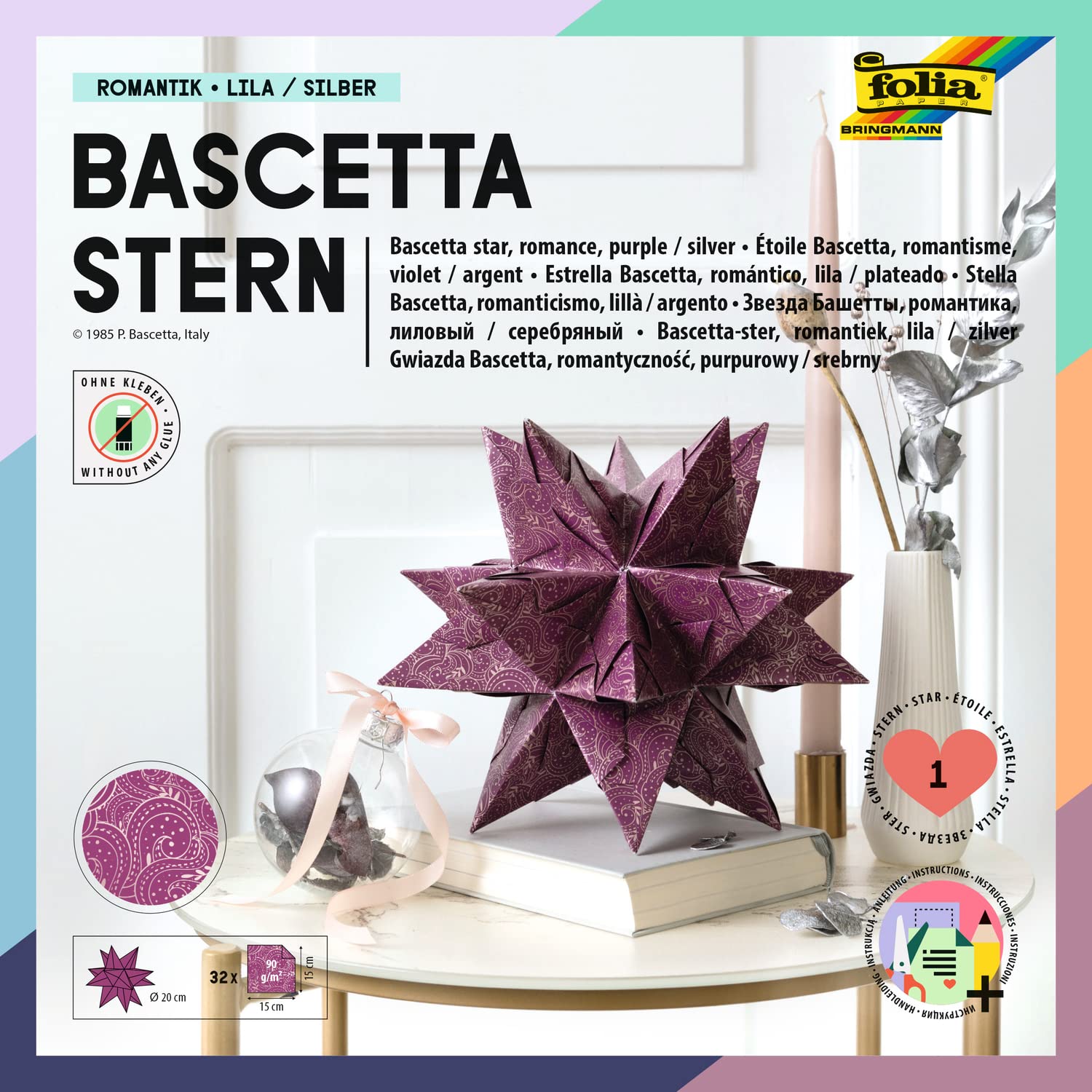folia 400/1515 Bascetta Star Winter Ornament Craft Set, Purple/Silver, 32 Sheets, 15 x 15 cm, Finished Size of Paper Star Approx. 20 cm, with Detailed Instructions (English Language not Guaranteed),