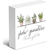 ‘Grow Positive Thoughts’ Greenery Themed Decoration with Positive Quote, 5x5 Wooden Box Decor Sign, Positive Rustic Desk Decor, Office Decor. (083)