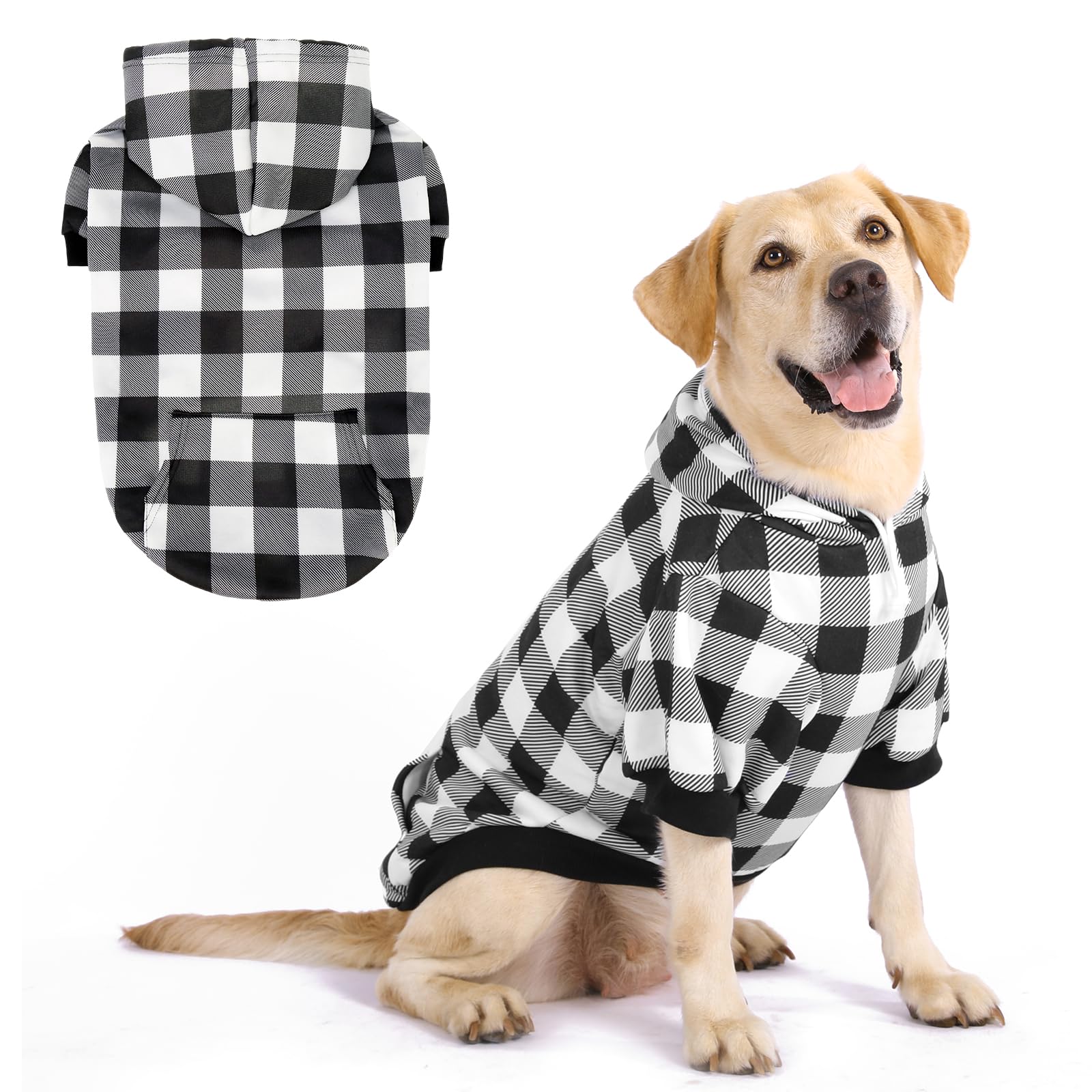 KOOLTAIL Plaid Dog Hoodie with Pocket and Hat for Small to Large Dogs, Soft Fleece Winter Warm Coat in White